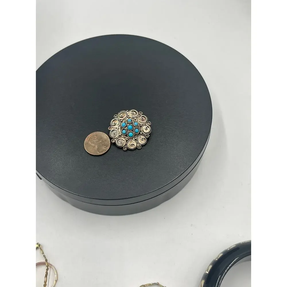 Israel Vintage 935 Argentium Sterling Filigree Turquoise Gemstone Brooch Pendant